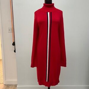Red Turtleneck Sweater Dress | Long Sleeve Knit Dress with Stripe Detail